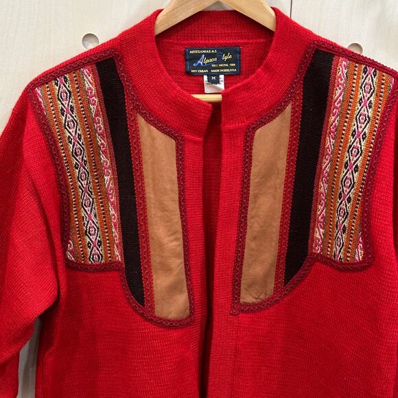 ALPACA STYLE Traditional Alpaca Wool Cardigan SZ M Leather and Wool Trim - Picture 2 of 6
